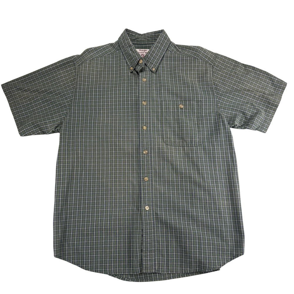 Wrangler Rugged Wear Mens XL Green Blue Plaid Short Sleeve Button Down Shirt